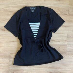 Style & Co Collection Woman Short Sleeve Cardigan striped tie front top 80% Silk